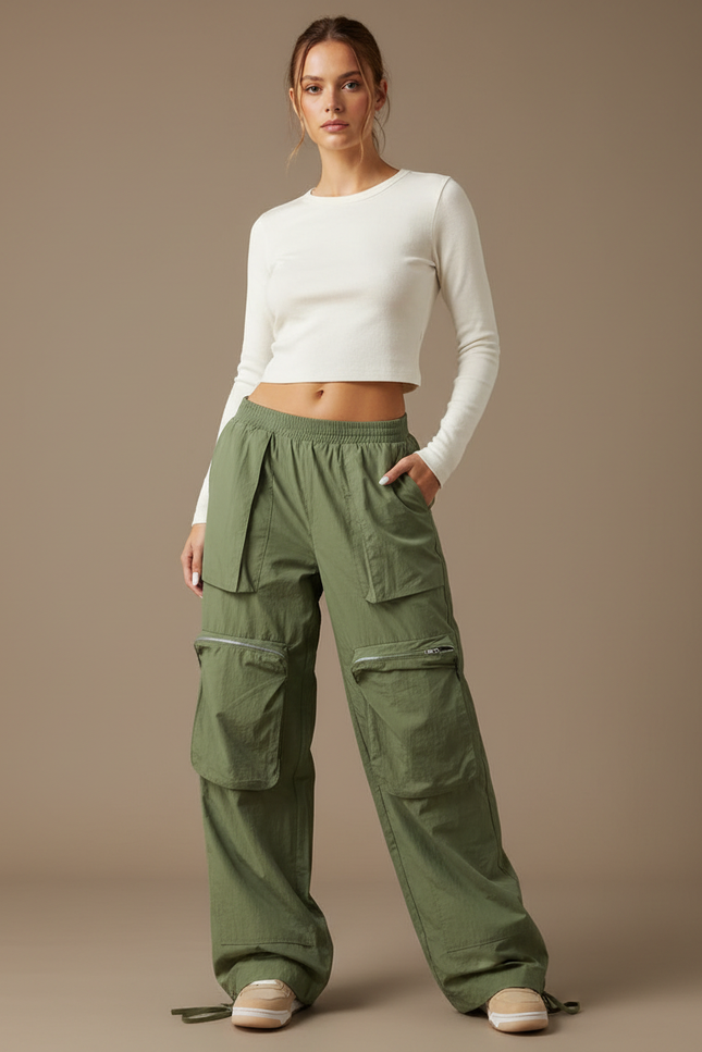 Pantalon Cargo Vert Fluide Multipoches Décontracté Femme - Kaki Polyester