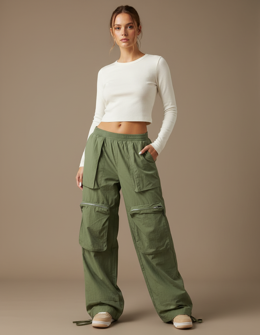 Pantalon Cargo Vert Fluide Multipoches Décontracté Femme - Kaki Polyester