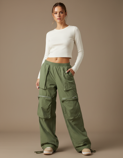 Pantalon Cargo Vert Fluide Multipoches Décontracté Femme - Kaki Polyester