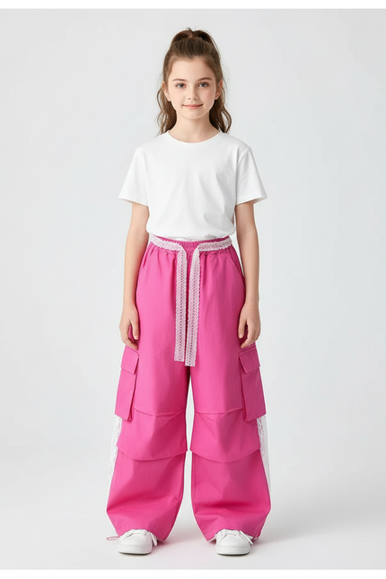 Pantalon Cargo Rose Ample Taille Haute Dentelle - Coton