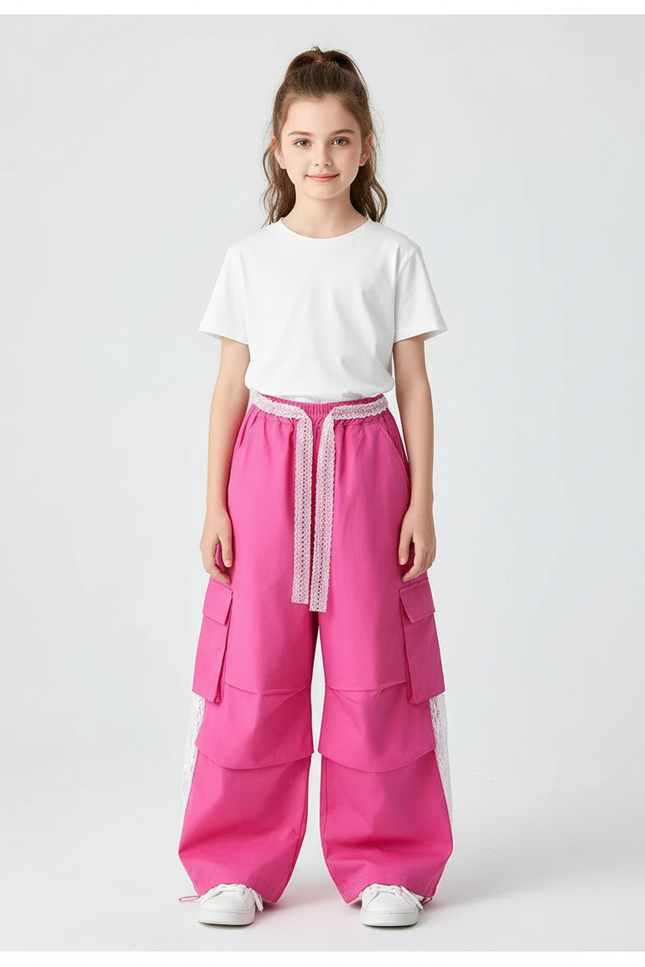 Pantalon Cargo Rose Ample Taille Haute Dentelle - Coton