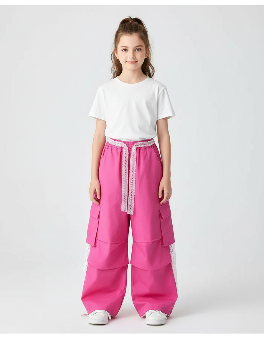 Pantalon Cargo Rose Ample Taille Haute Dentelle - Coton