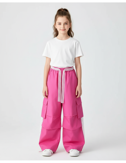 Pantalon Cargo Rose Ample Taille Haute Dentelle - Coton