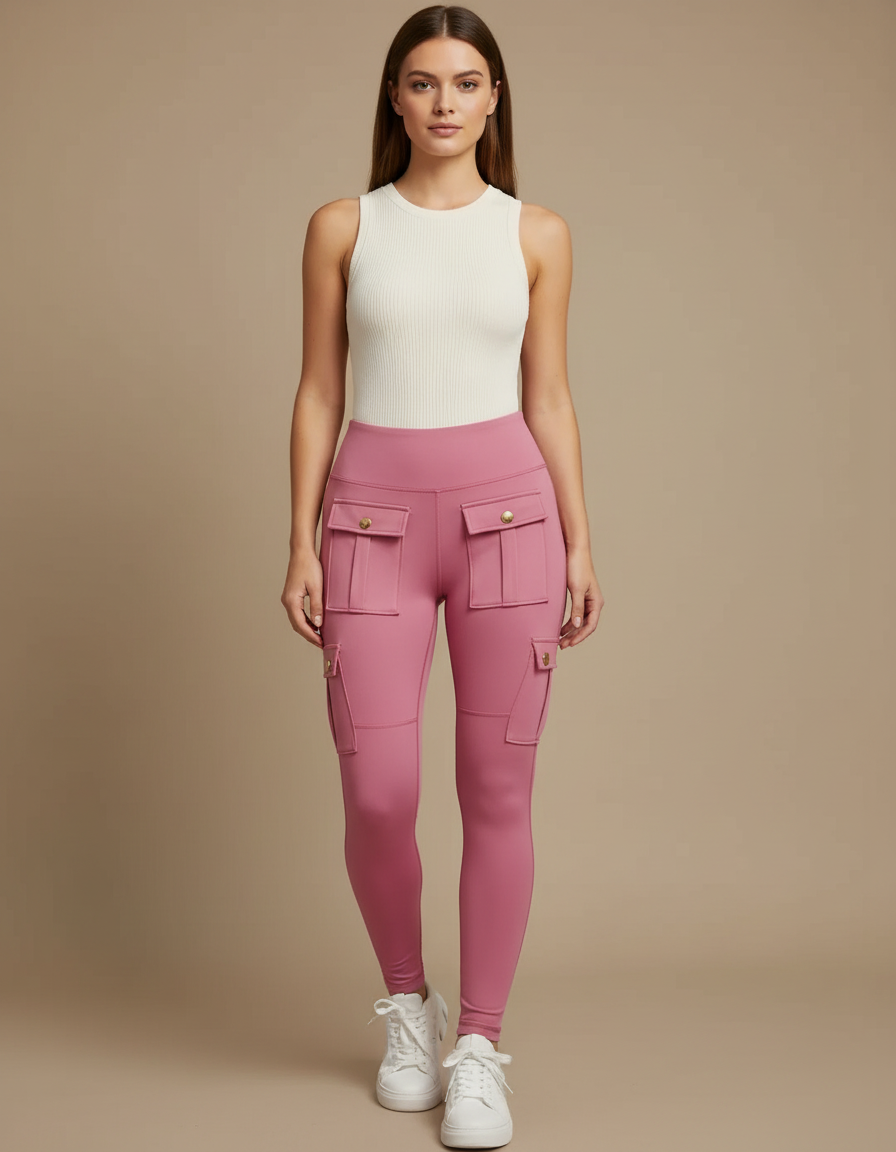 Pantalon Cargo Rose Skinny Taille Haute Multipoches - Polyester