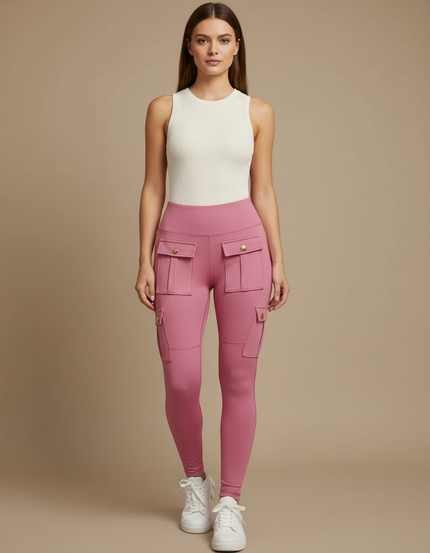 Pantalon Cargo Rose Skinny Taille Haute Multipoches - Polyester