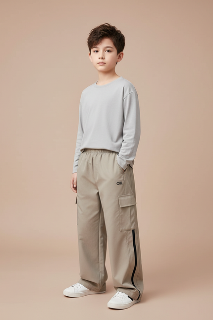 Pantalon Cargo Beige Ample Décontracté Garçon Poches - Toile