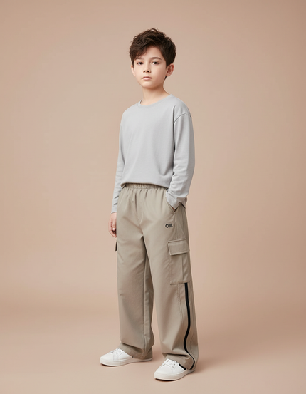 Pantalon Cargo Beige Ample Décontracté Garçon Poches - Toile