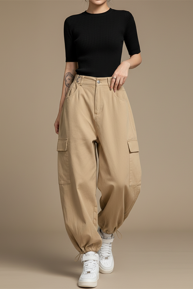 Pantalon Cargo Beige Ample Multipoches Décontracté - Coton