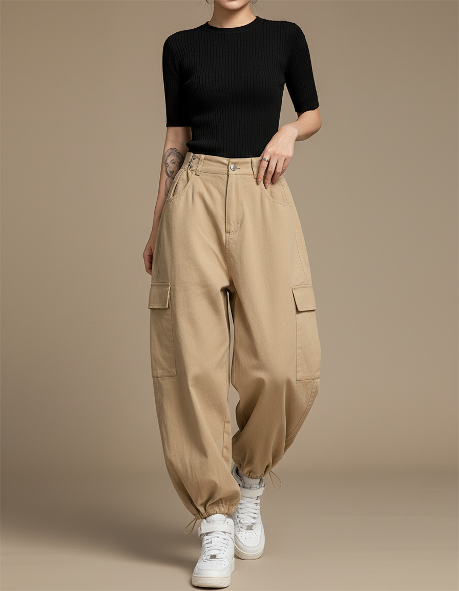 Pantalon Cargo Beige Ample Multipoches Décontracté - Coton
