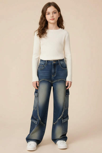 Pantalon Cargo Jean Large Délavé Multipoches Fille - Bleu