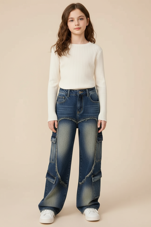 Pantalon Cargo Jean Large Délavé Multipoches Fille - Bleu