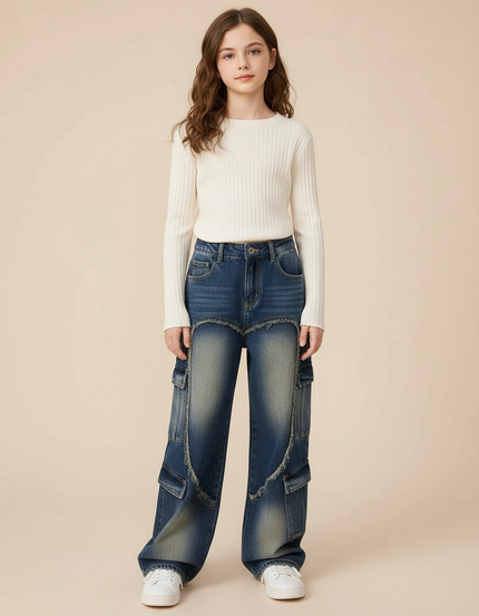 Pantalon Cargo Jean Large Délavé Multipoches Fille - Bleu