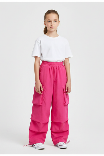 Pantalon Cargo Fuchsia Ample Multipoches Streetwear Fille - Rose Polyester