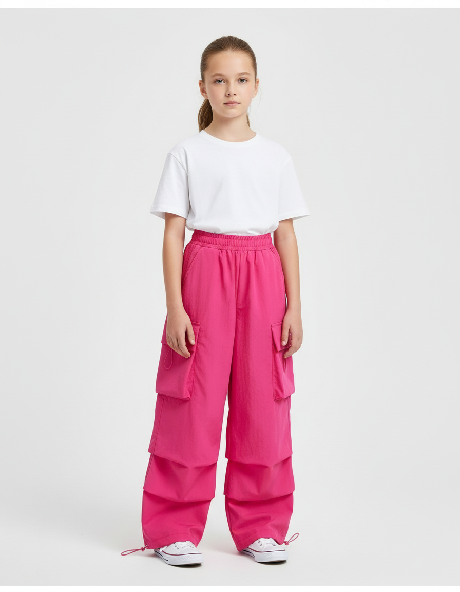 Pantalon Cargo Fuchsia Ample Multipoches Streetwear Fille - Rose Polyester