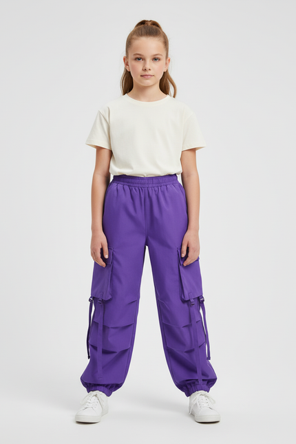 Pantalon Cargo Violet Ample Poches Sangles Enfant - Polyester