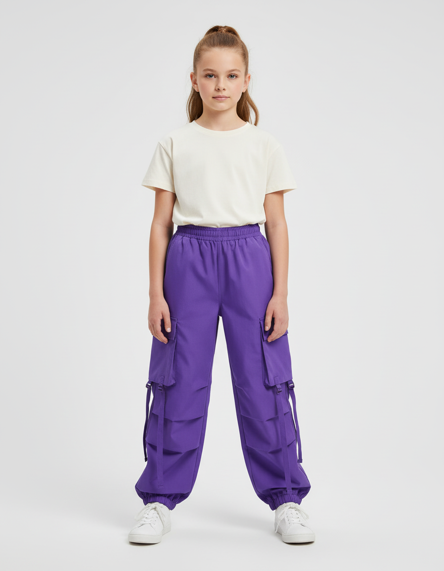 Pantalon Cargo Violet Ample Poches Sangles Enfant - Polyester