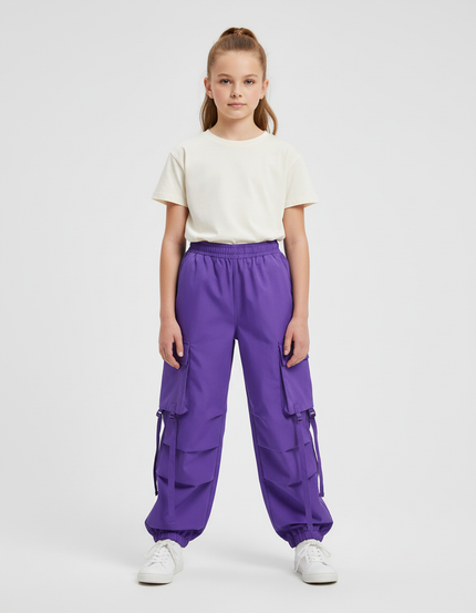 Pantalon Cargo Violet Ample Poches Sangles Enfant - Polyester
