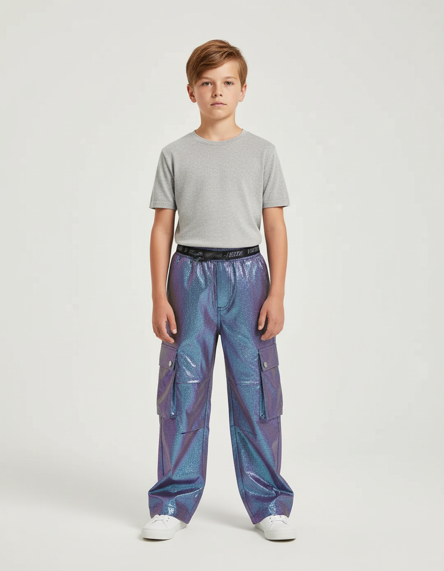 Pantalon Cargo Holographique Ample Garçon Pailleté - Multicolore Polyester