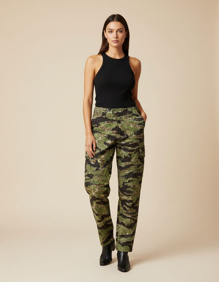Pantalon Cargo Camouflage Militaire Vert Ample Femme - Toile