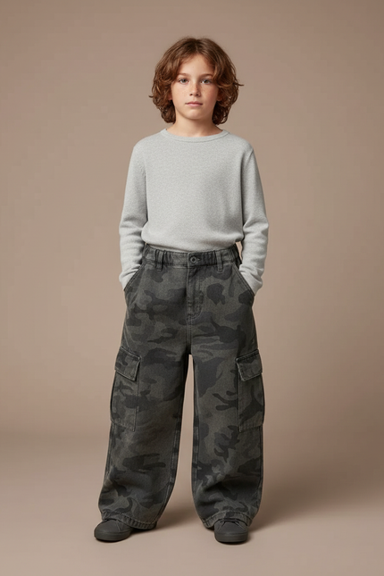 Pantalon Cargo Camouflage Ample Gris Décontracté Enfant - Toile