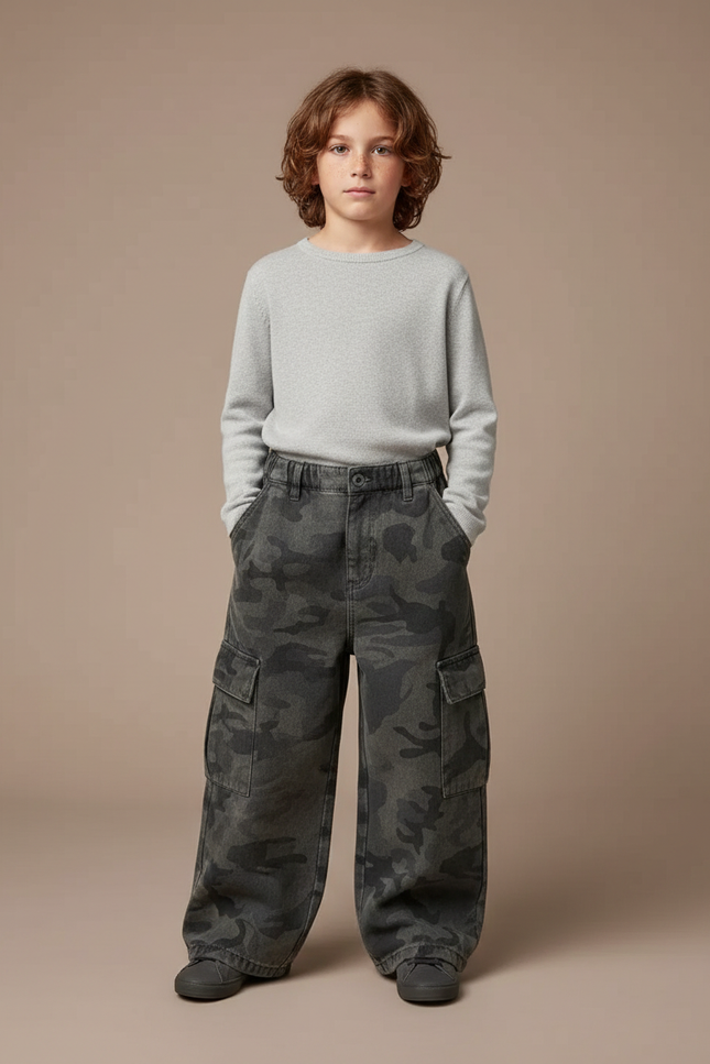 Pantalon Cargo Camouflage Ample Gris Décontracté Enfant - Toile