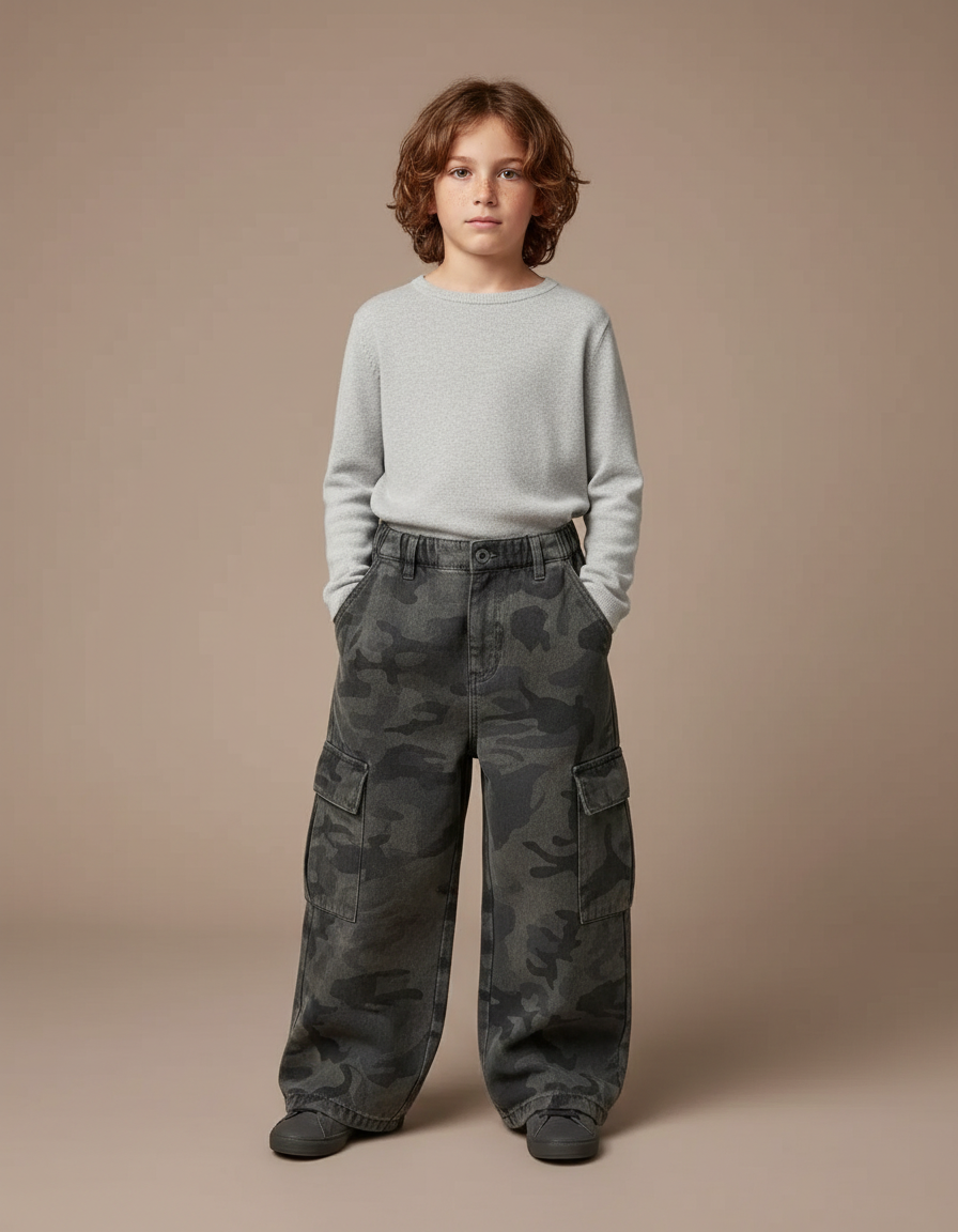Pantalon Cargo Camouflage Ample Gris Décontracté Enfant - Toile
