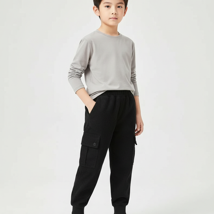 Pantalon Cargo Noir Côtelé Ample Enfant Décontracté - Cordé