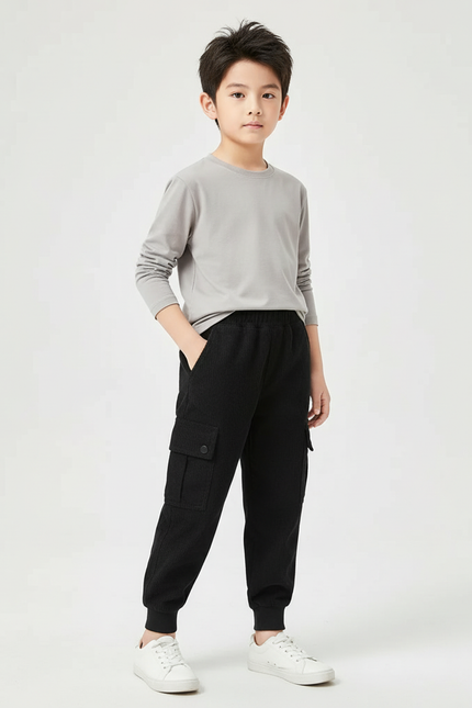 Pantalon Cargo Noir Côtelé Ample Enfant Décontracté - Cordé