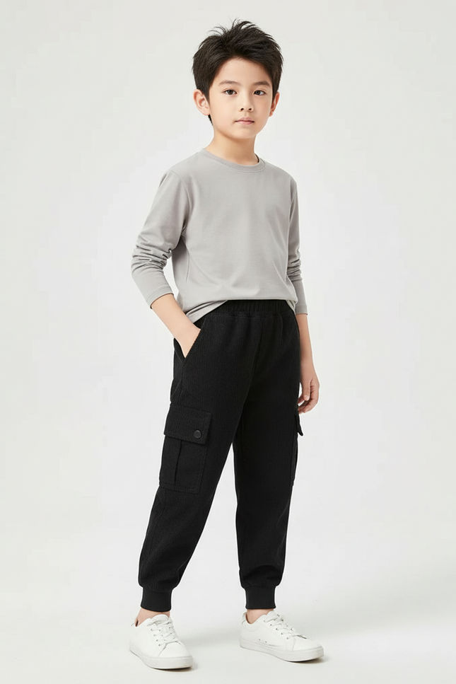 Pantalon Cargo Noir Côtelé Ample Enfant Décontracté - Cordé