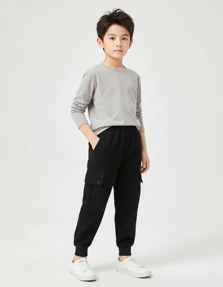 Pantalon Cargo Noir Côtelé Ample Enfant Décontracté - Cordé