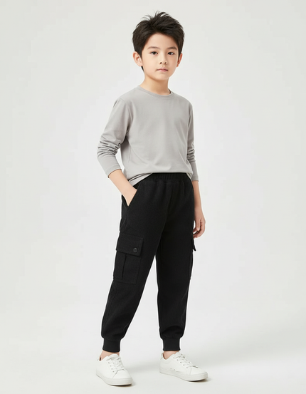 Pantalon Cargo Noir Côtelé Ample Enfant Décontracté - Cordé