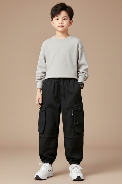 Pantalon Cargo Noir Ample Multipoches Garçon Décontracté - Polyester