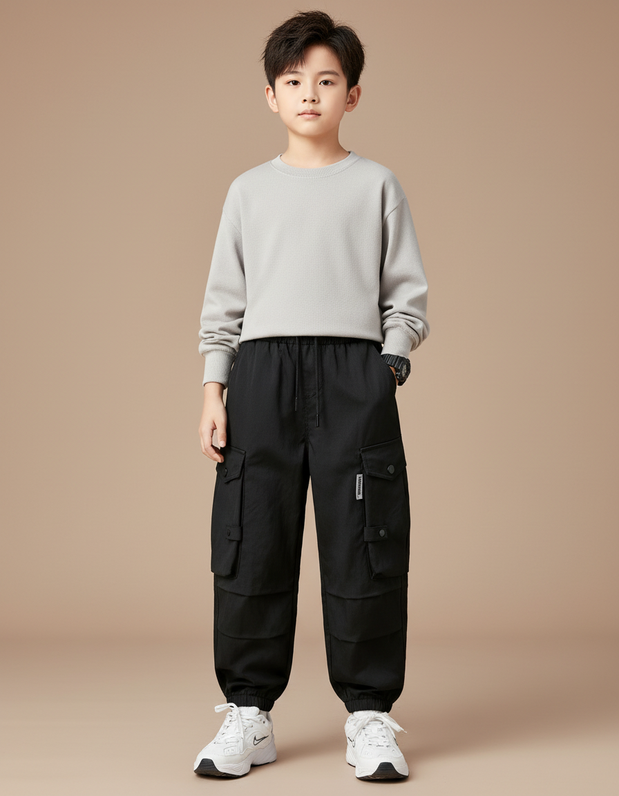 Pantalon Cargo Noir Ample Multipoches Garçon Décontracté - Polyester