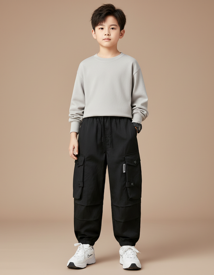 Pantalon Cargo Noir Ample Multipoches Garçon Décontracté - Polyester