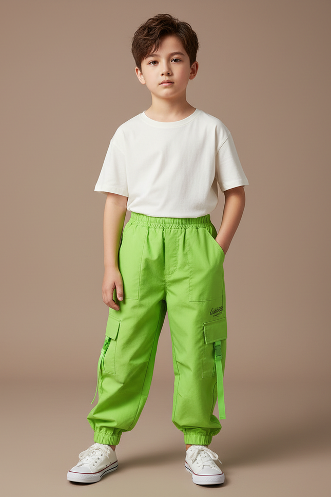 Pantalon Cargo Vert Fluorescent Ample Enfant Poches - Toile