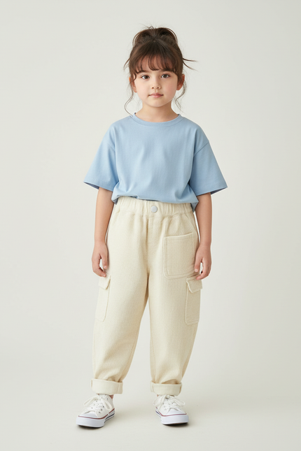 Pantalon Cargo Beige Côtelé Ample Enfant Décontracté - Cordé