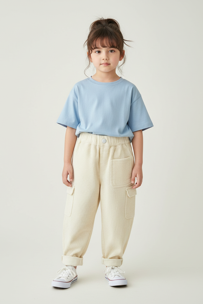 Pantalon Cargo Beige Côtelé Ample Enfant Décontracté - Cordé