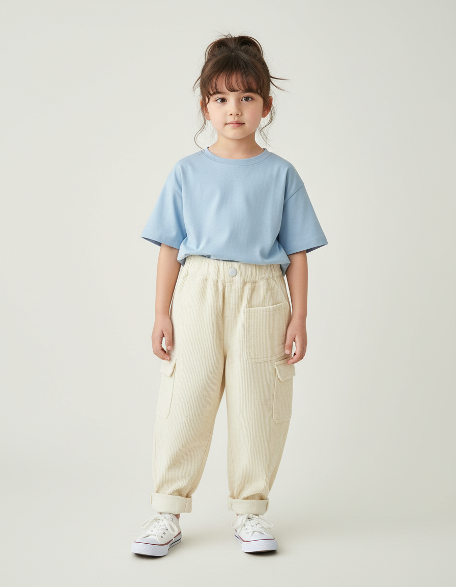 Pantalon Cargo Beige Côtelé Ample Enfant Décontracté - Cordé