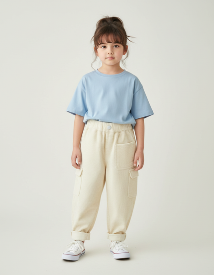 Pantalon Cargo Beige Côtelé Ample Enfant Décontracté - Cordé