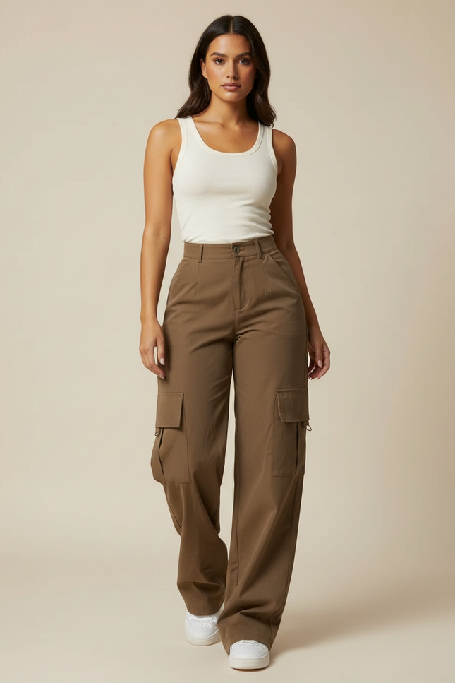Pantalon Cargo Marron Ample Taille Haute Femme - Kaki Gabardine