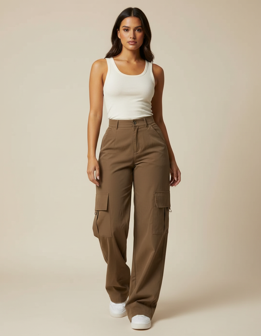 Pantalon Cargo Marron Ample Taille Haute Femme - Kaki Gabardine