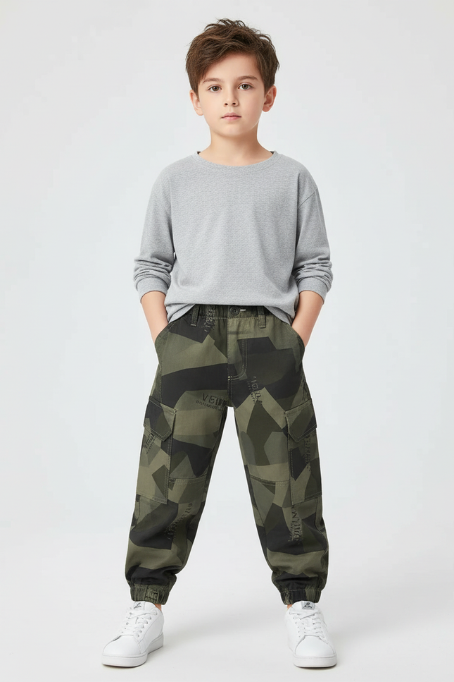 Pantalon Cargo Vert Camouflage Garçon Décontracté Multipoches - Kaki Toile
