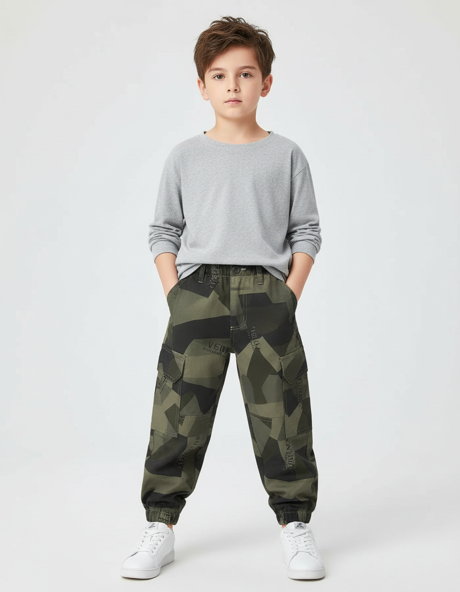 Pantalon Cargo Vert Camouflage Garçon Décontracté Multipoches - Kaki Toile