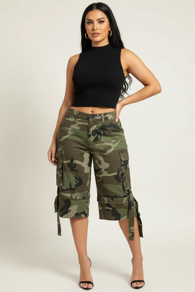 Pantalon Cargo Camouflage Militaire Ample Femme Court - Kaki Toile