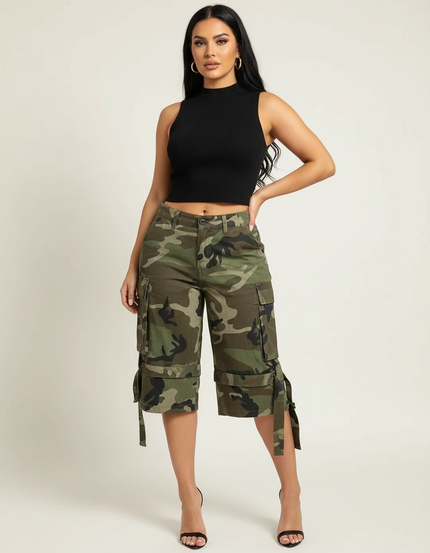 Pantalon Cargo Camouflage Militaire Ample Femme Court - Kaki Toile