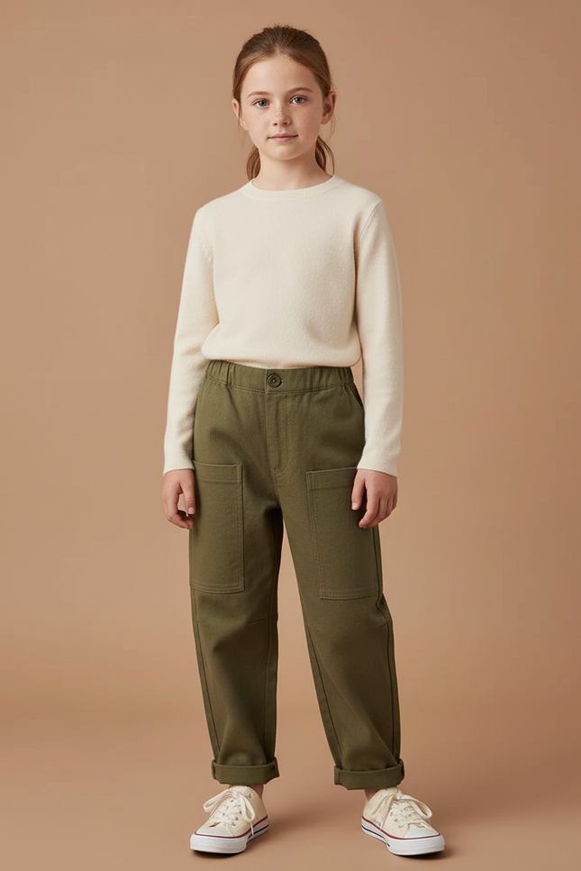 Pantalon Cargo Vert Ample Poches Enfant Fille - Kaki Toile