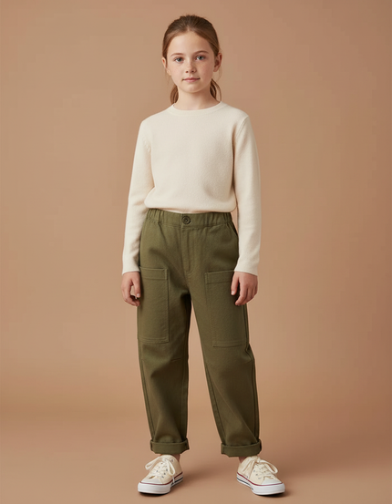 Pantalon Cargo Vert Ample Poches Enfant Fille - Kaki Toile