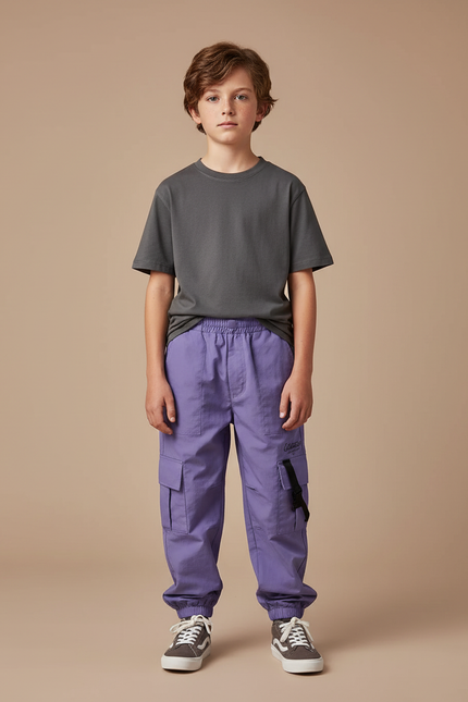 Pantalon Cargo Violet Ample Poches Garçon Streetwear - Polyester