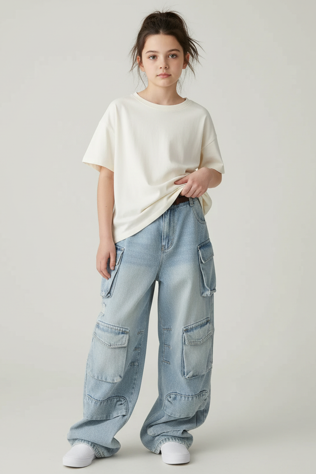 Pantalon Cargo Jean Ample Bleu Multipoches Fille