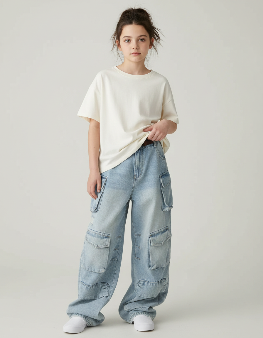 Pantalon Cargo Jean Ample Bleu Multipoches Fille